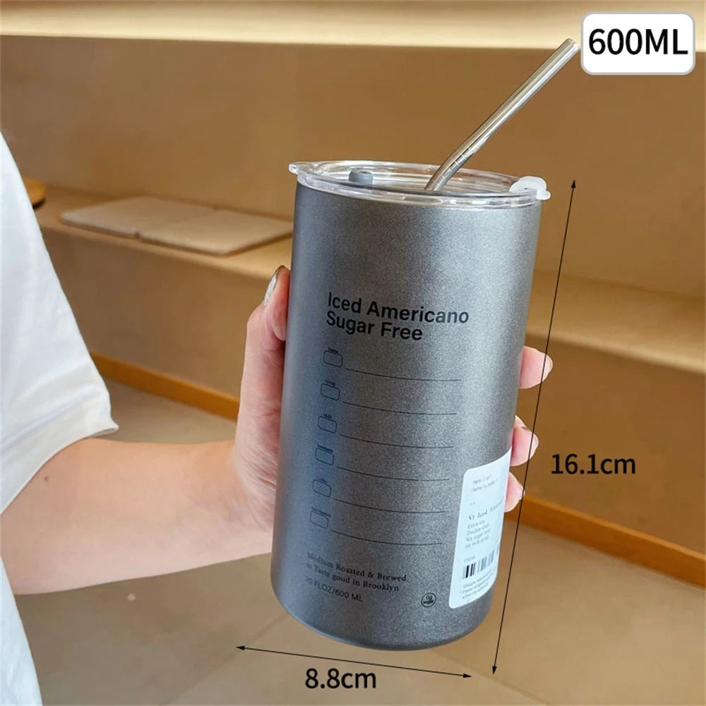 600ml Insulated Stainless Steel Thermos Coffee Mug with Straw – Vacuum Leak-Proof Travel Bottle, BPA-Free