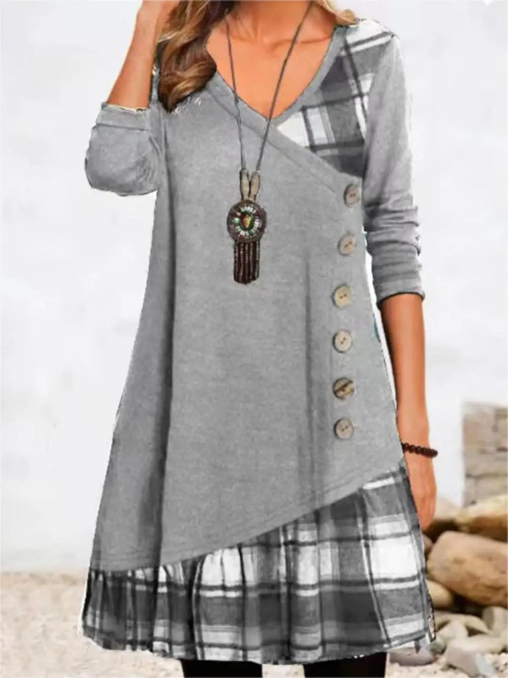 Long Sleeve V-Neck Loose Party Dress — Elegant Button Casual Autumn Winter Dress