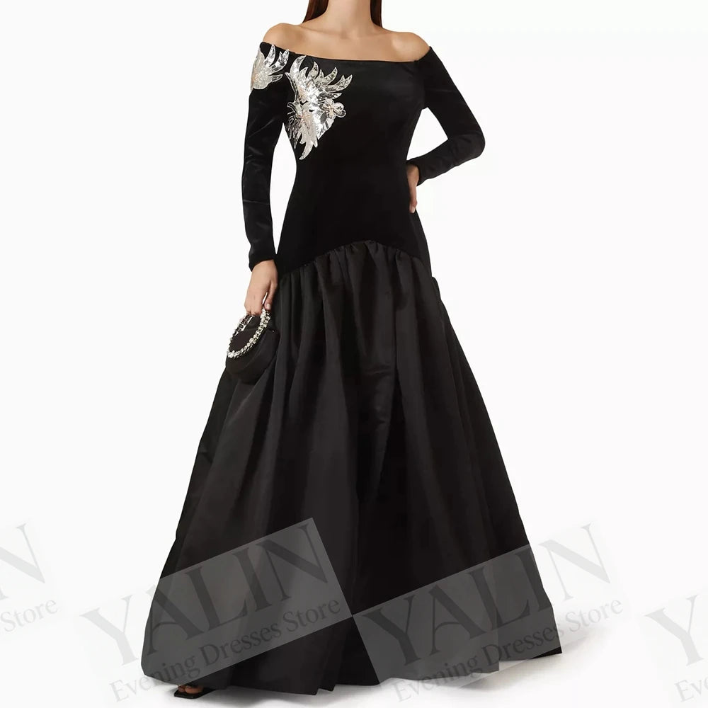 Off Shoulder Sequin Draped Prom Gown — Full Sleeve A-Line Floor-Length Formal Dress