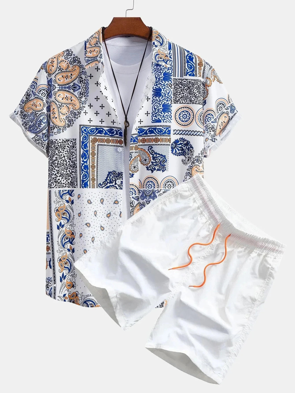 Men's Print Patchwork Lapel Shirt & Beach Shorts Hawaiian Set – Summer Streetwear 2-Piece