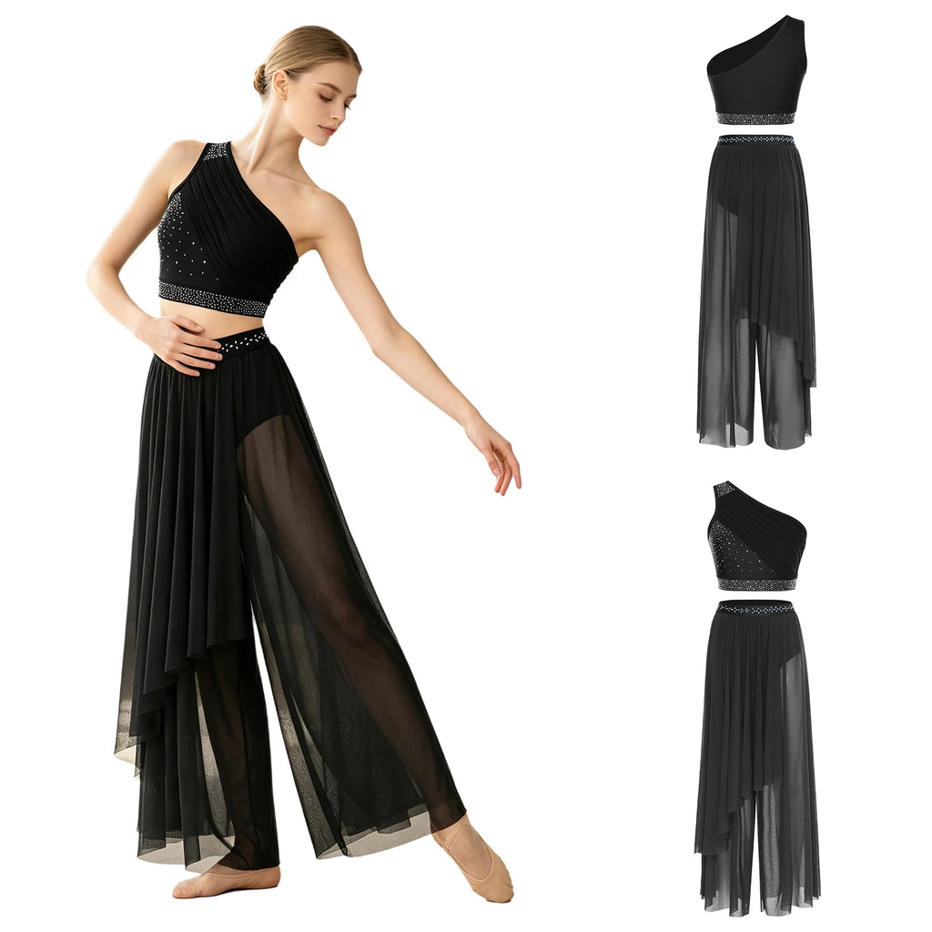 Women's Dance Performance Costume – Shiny Crop Top & Sheer Pants for Skating, Gymnastics & Ballet