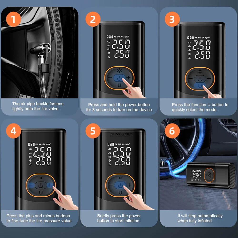Cordless Tire Inflator with Dual Display and Auto Shutoff