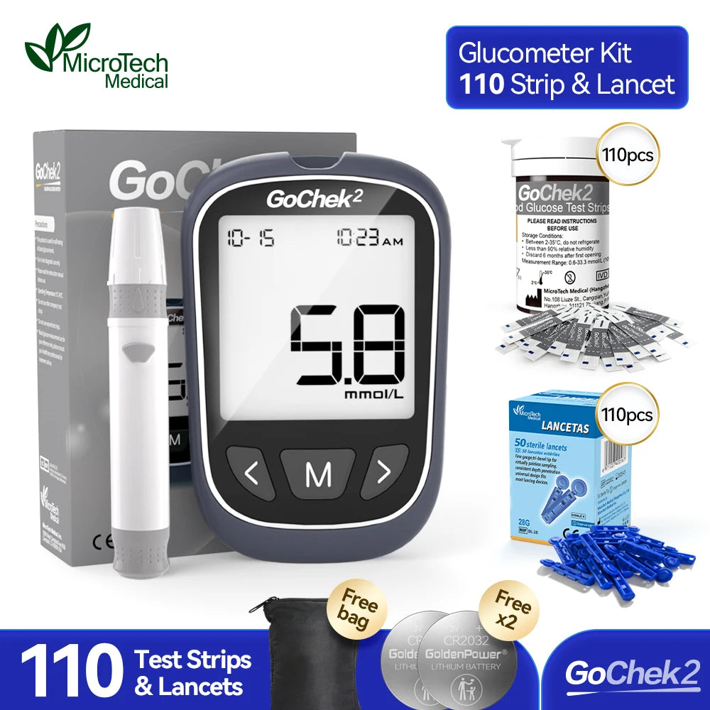 Microtech Gochek2 Blood Glucose Meter – 110 Test Strips & Lancets Included for Diabetes Testing