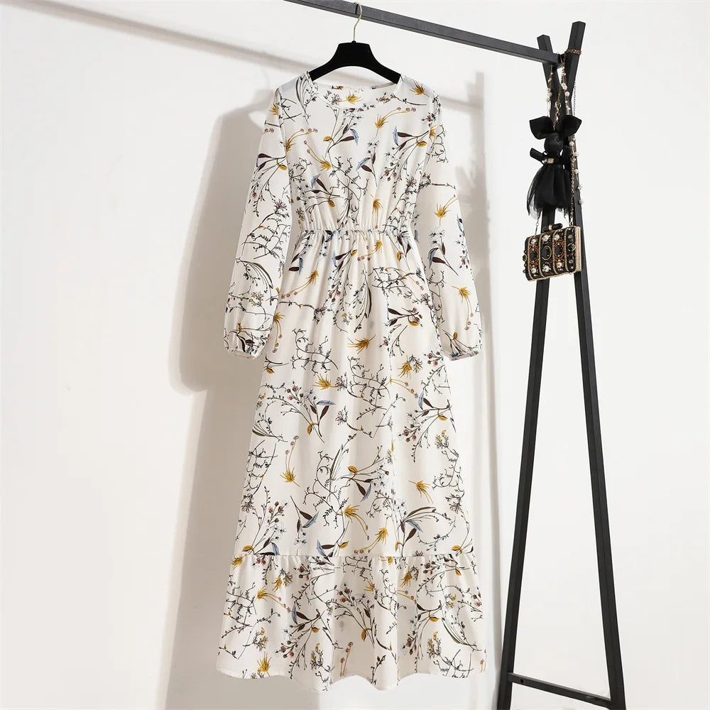 Women Long Dresses Spring Summer Casual Full Sleeve Floral geometry Printed O neck Woman Bohe Beach Party Dress Mujer Vestidos