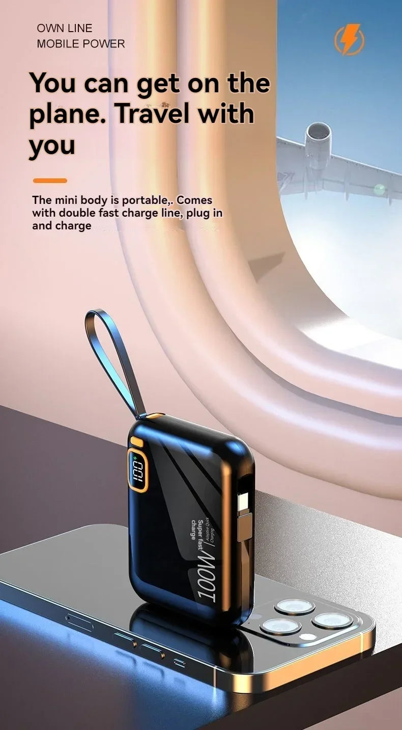 66W Portable Mini Power Bank 20000mAh – Built-in Cable, PD Fast Charging for iPhone & Android
