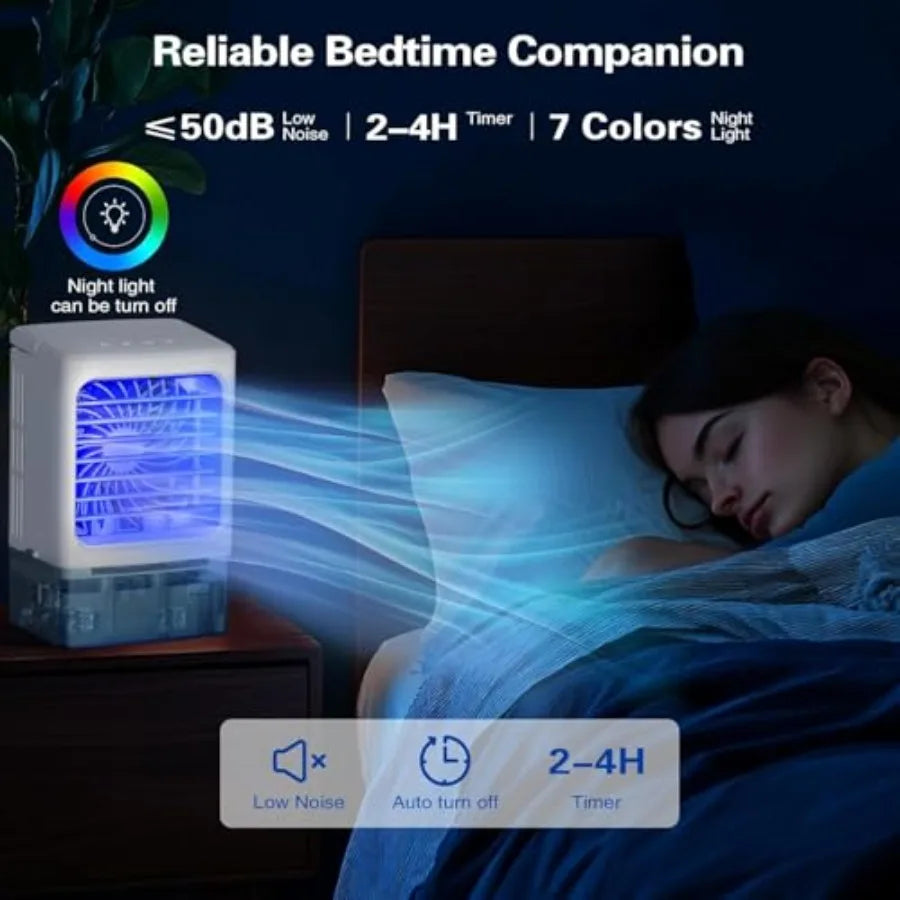 Portable air conditioners for car, bedroom, office, desk, RV, room: 3-in-1 mini AC unit with icy mist, 900ML water tank, 3-spee