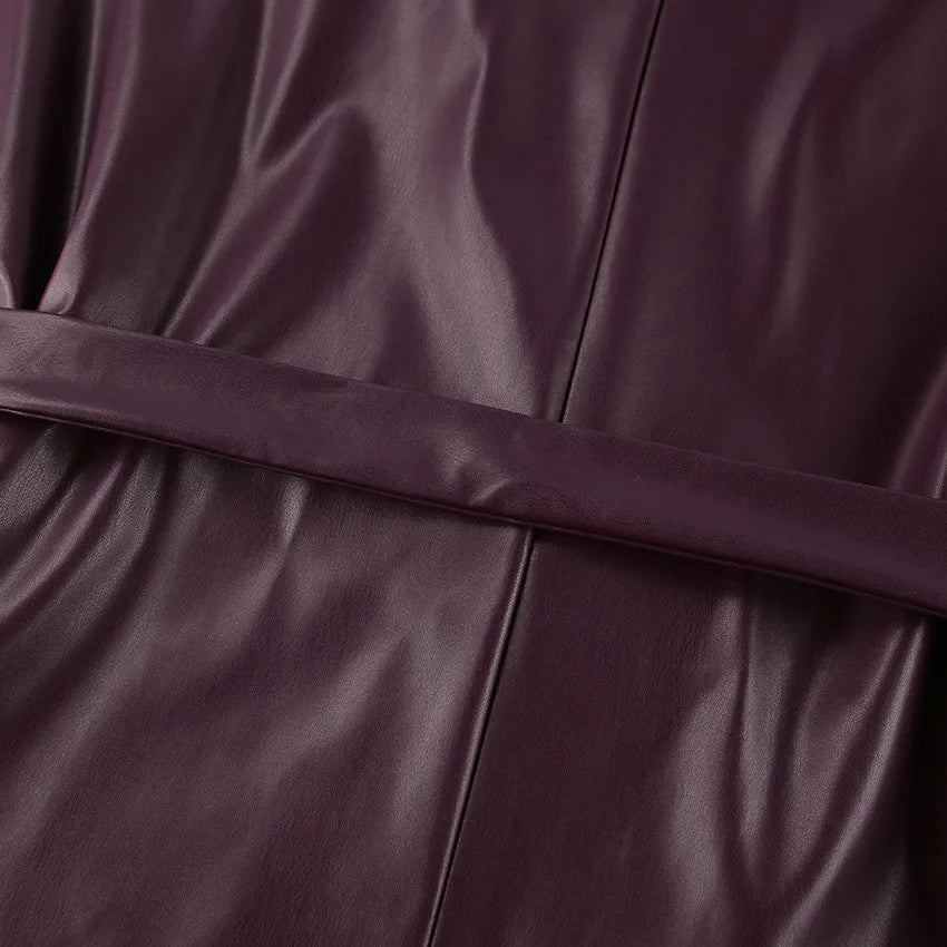 Women's Belted Faux Leather Jacket – Wine Red