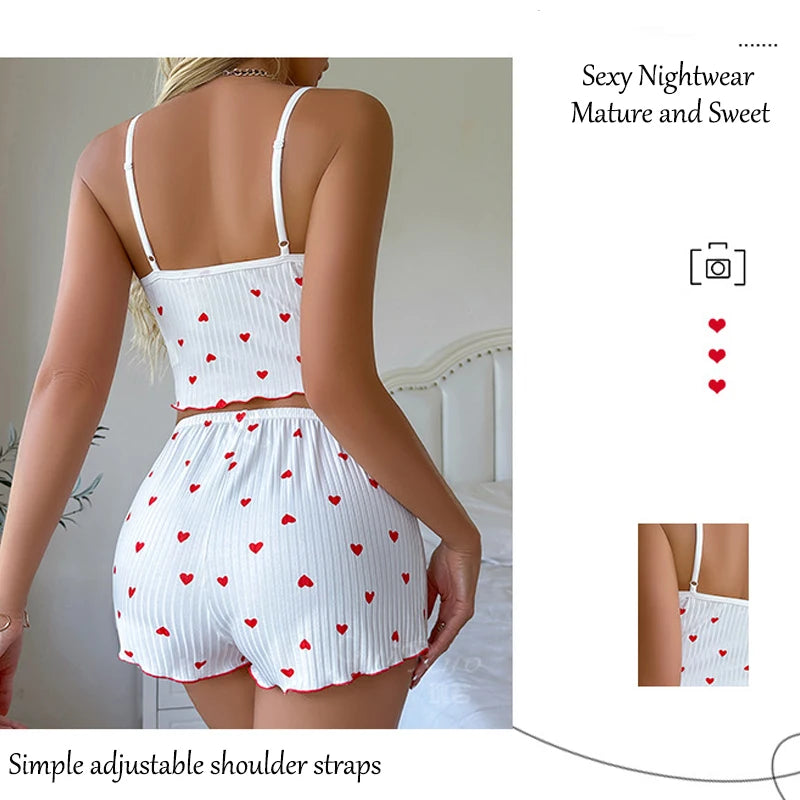 Women's Heart Print Frill Trim Cami Top & Shorts Loungewear | Soft Ribbed Pajama Set