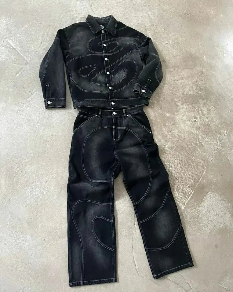 Men's Y2K Harajuku Hiphop Embroidered Jacket & Patch Jeans Set – Retro Loose 2-Piece Suit