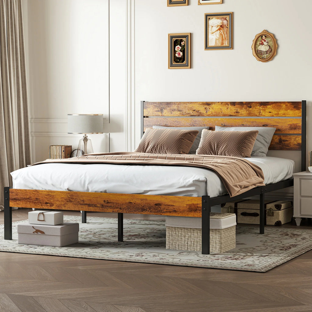 MCQ Metal Platform Bed Frame with Wooden Headboard — 700LBS