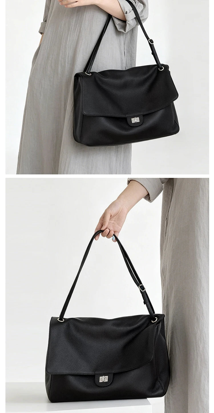 Head Layer Cowhide Leather Commuter Tote Bag – Large Capacity Crossbody Shoulder Bag for Women