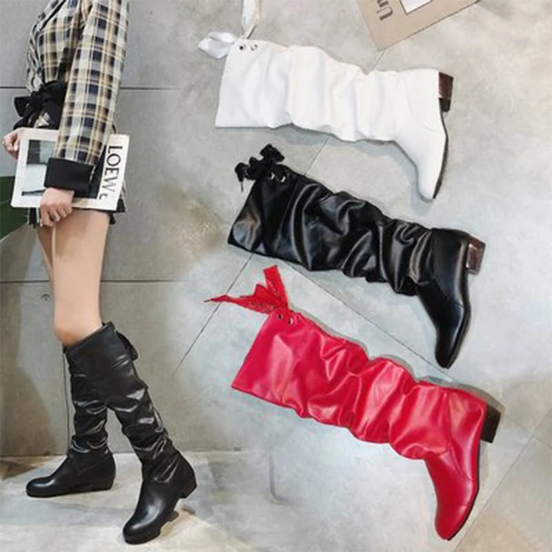 Women's Pleated Knee-High Boots — Low Heel Leather