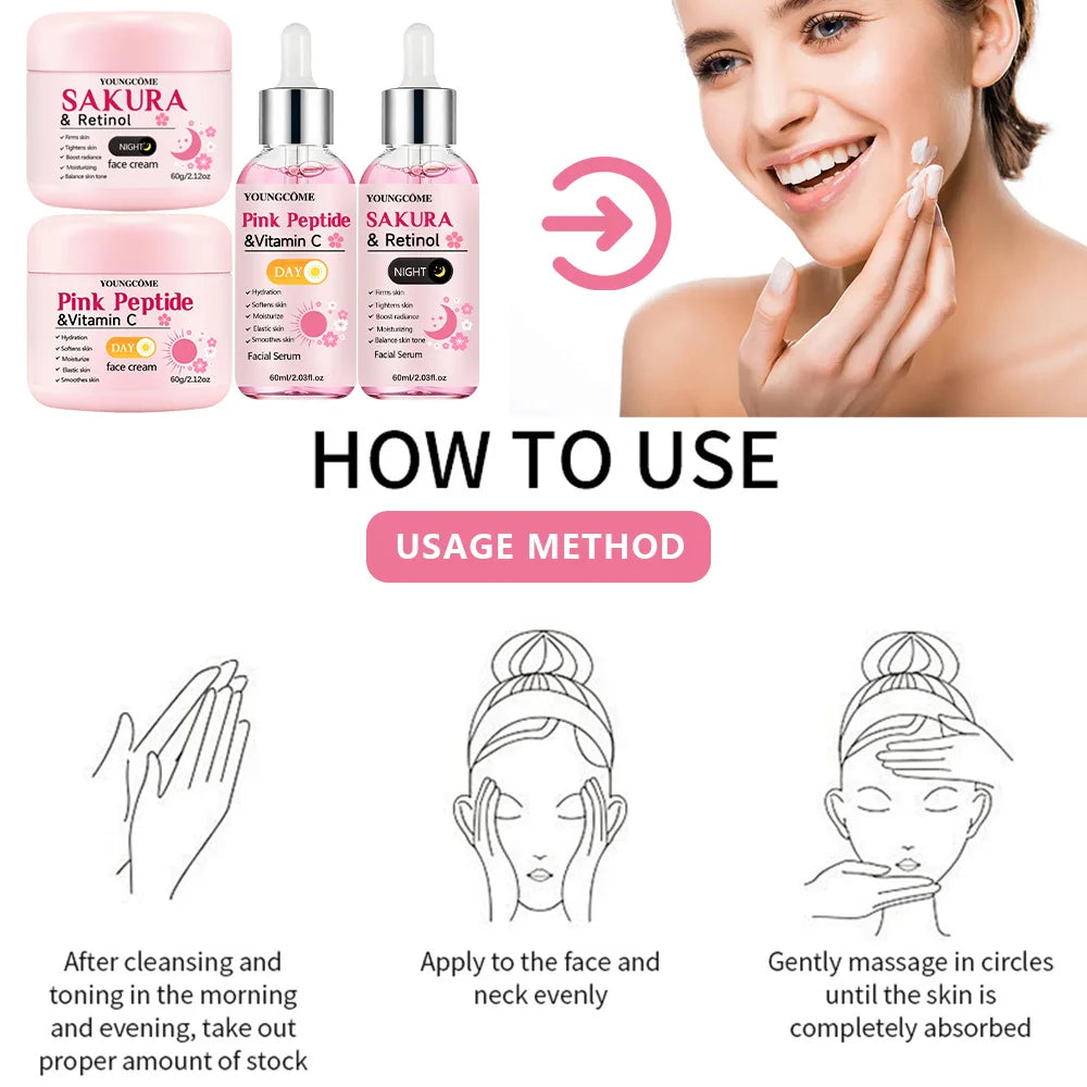4-Piece Day & Night Skincare Set – Peptide Vitamin C Day Cream & Serum + Sakura Retinol Night Cream & Serum