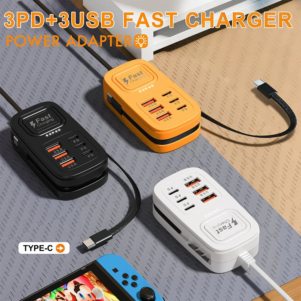 6-Port USB Fast Charging Station – 3 USB-C + 3 USB-A, Desktop Power Strip Hub, EU/UK/US Plug