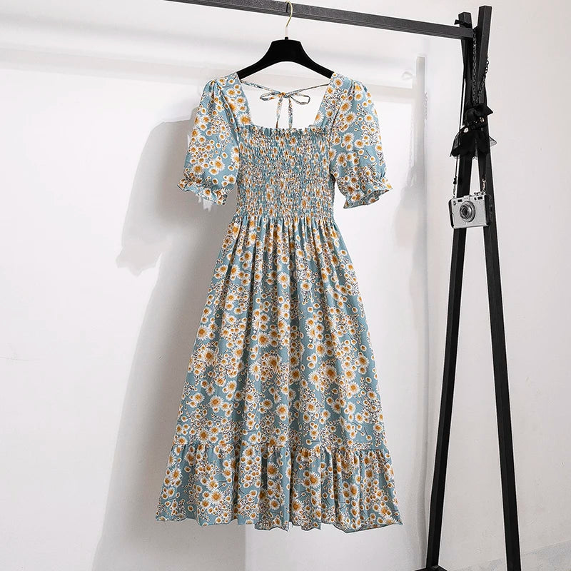 Chiffon A-Line Midi Dress — Elastic Waist Short Sleeve Casual Dress