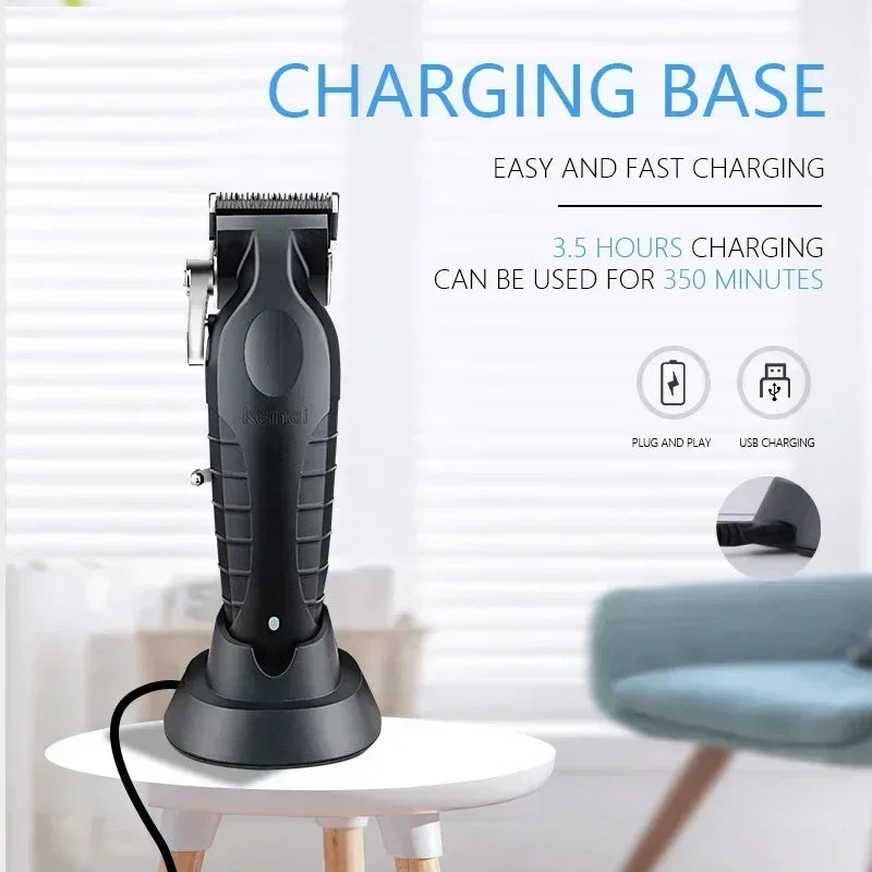 Kemei KM-2296 Professional Hair Clipper – Seat Charger, Stainless Steel Blade, 90-Min Battery, Cordless