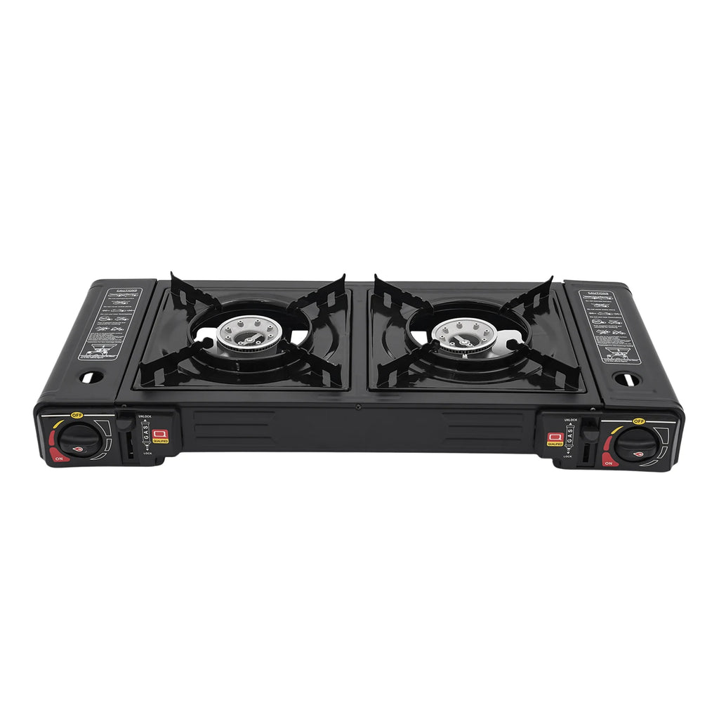 2-Burner Portable Camping Stove — 2500W Each, Butane/LPG, Piezo Ignition, Carry Case Included