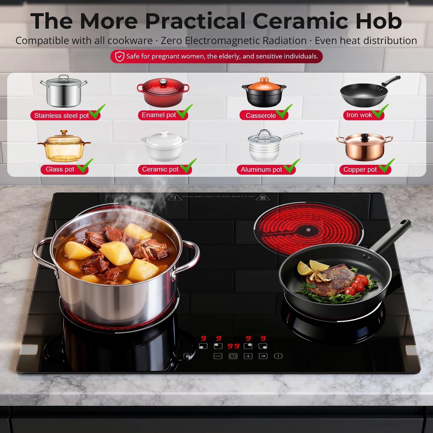 6000W 4-Zone Ceramic Induction Hob – 60cm Black Glass, Touch Control, 9 Power Levels, Timer & Child Lock