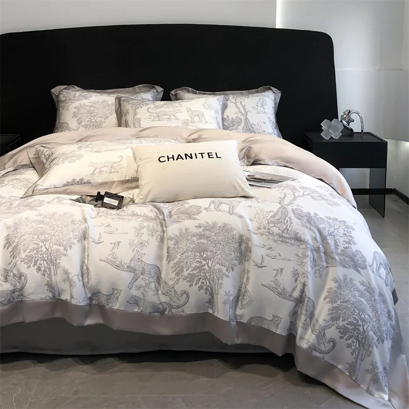 Eucalyptus Lyocell Bedding Set – Silky Soft Forest & Leopard Print Duvet Cover, Bed Sheet & Pillowcases