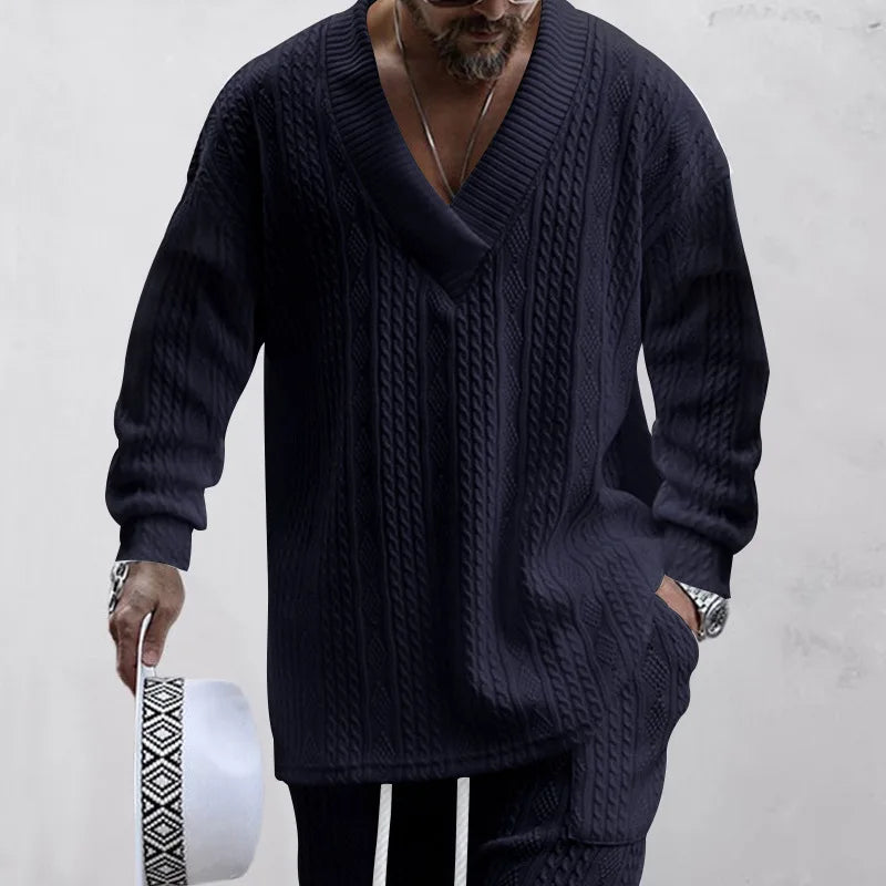 Men's Jacquard Knit Sweater & Casual Trousers Two-Piece Set