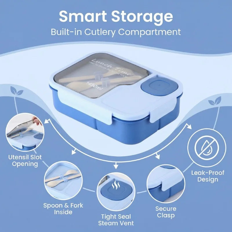 Smart storage container with cutlery compartment on a blue background