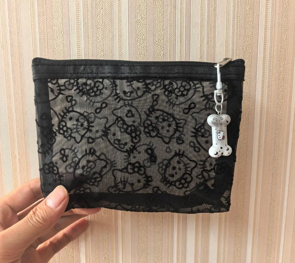 Kawaii Hello Kitty Lace Cosmetic Bag – Cute Vintage Mesh Makeup & Coin Purse Gift