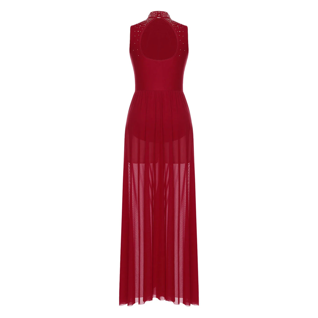 Rhinestone Maxi Sleeveless Contemporary Dance Dress — Mock Neck Wide Hemline Lyrical Leotard