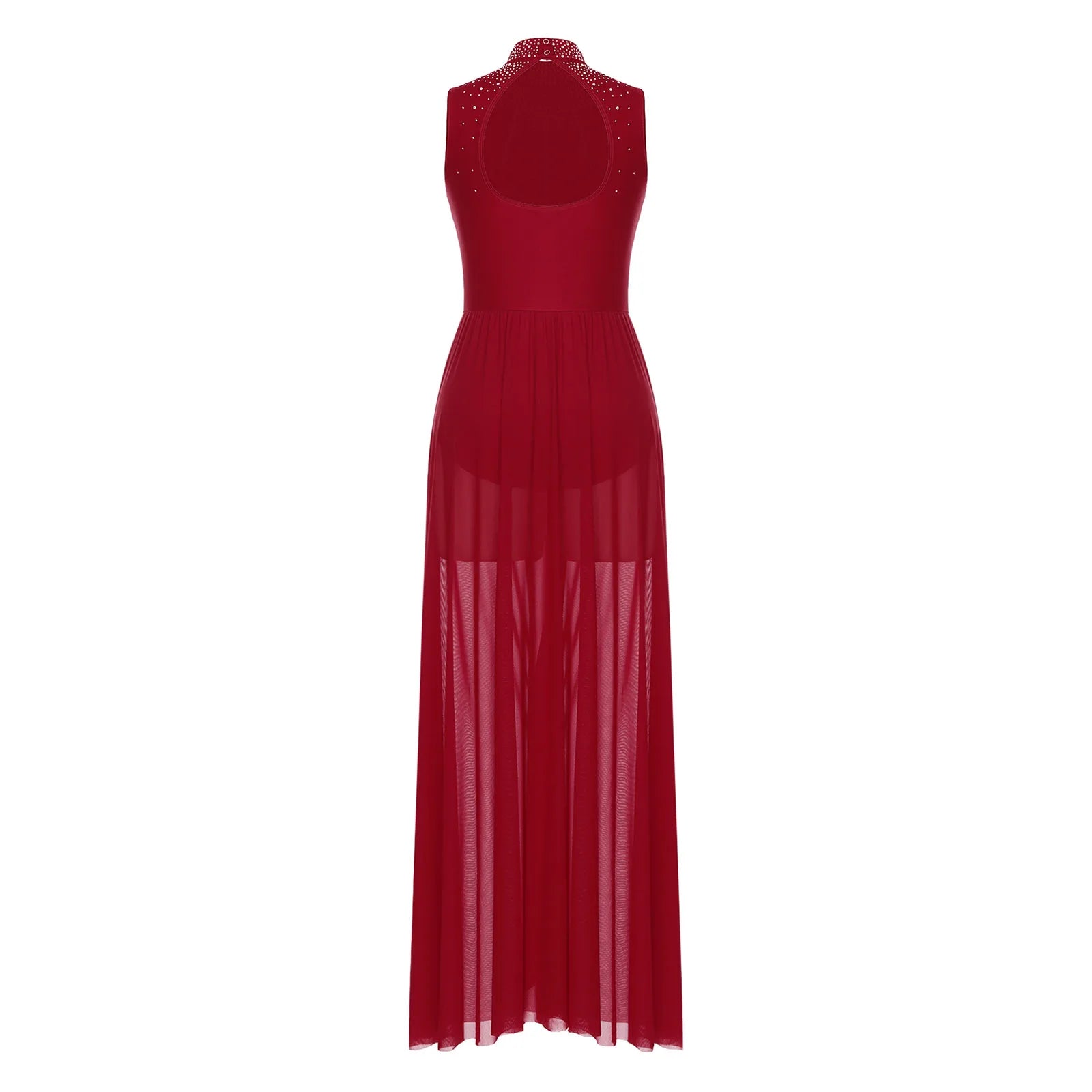 Rhinestone Maxi Sleeveless Contemporary Dance Dress — Mock Neck Wide Hemline Lyrical Leotard