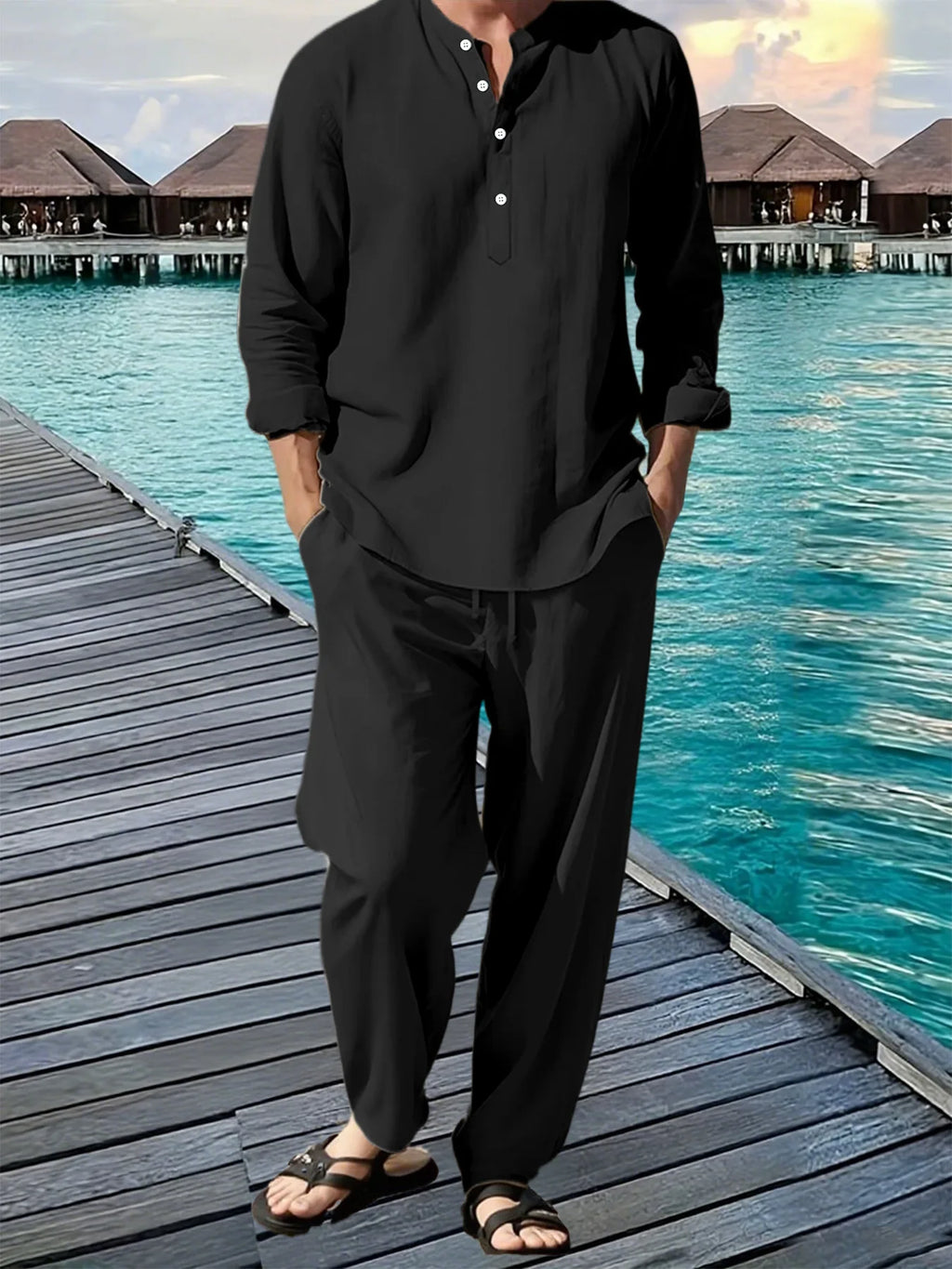 Men's Hawaiian Beach Shirt & Loose Jogger Pants Set – Breathable Vacation Casual Long Sleeve Suit