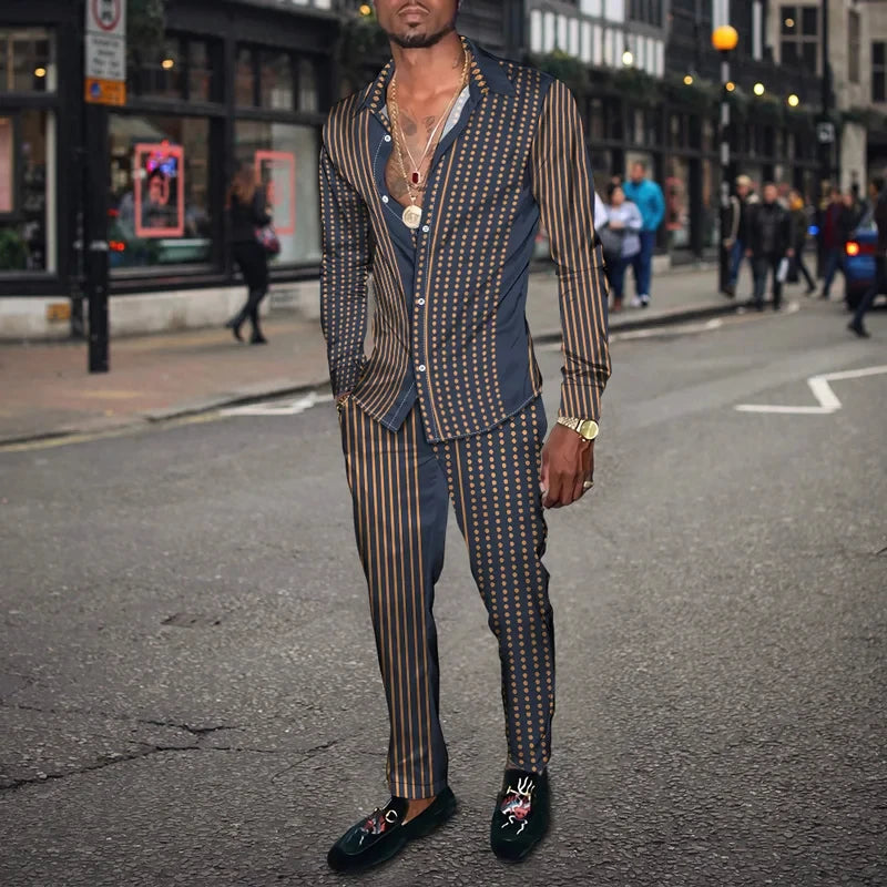 Men's 3D Retro Harajuku Print Long Sleeve Lapel Shirt & Long Pants 2-Piece Set