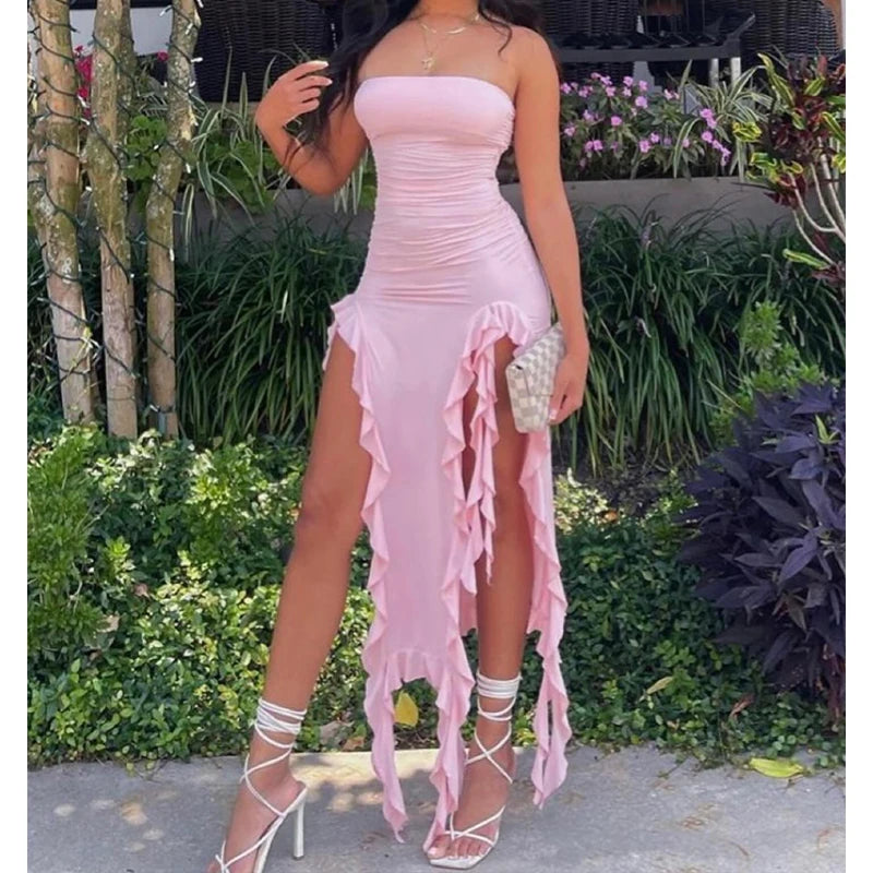 Women's Strapless Floral Fold High Slit Mini Dress – Backless Sleeveless Party Dress in Black & Pink