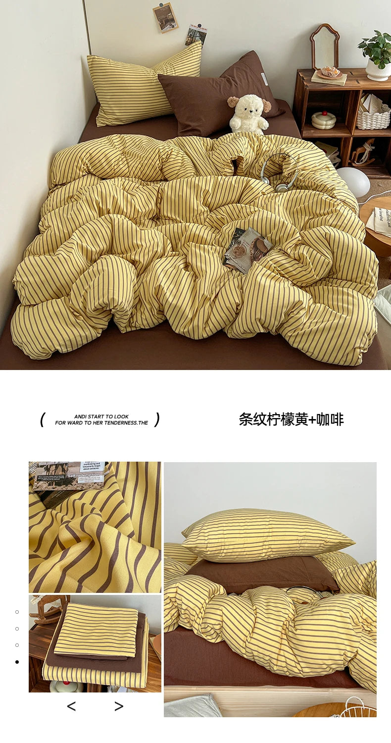 Stripe Print Washed Polyester Bedding Set – 3 or 4-Piece Duvet Cover with Sheet & Pillowcases, 6 Colors