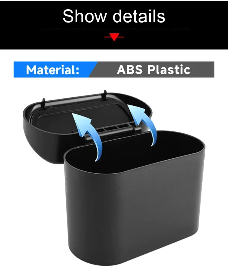 Black plastic container with lid on a white background, labeled 'Material: ABS Plastic'.