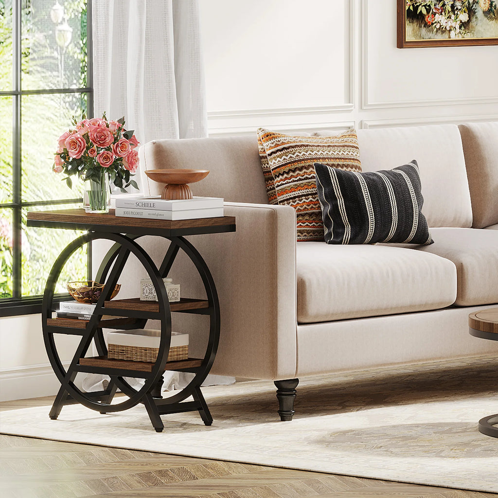 Tribesigns 3-Tier Narrow Side Table — Wood & Geometric Metal Frame