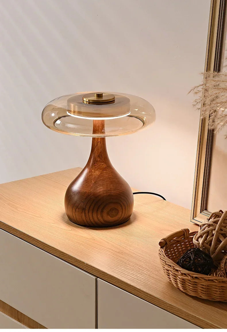 Retro Glass Table Lamp – Sculpted Wood-Look Base