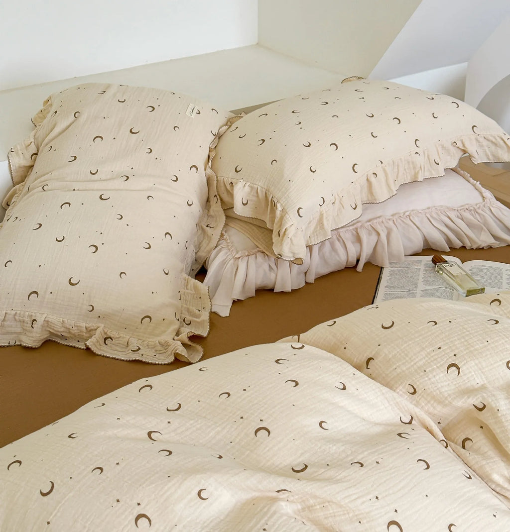 Princess Ruffle Bedding Set – 100% Cotton Gauze Duvet Cover with Pillowcases, Floral, 3-Piece