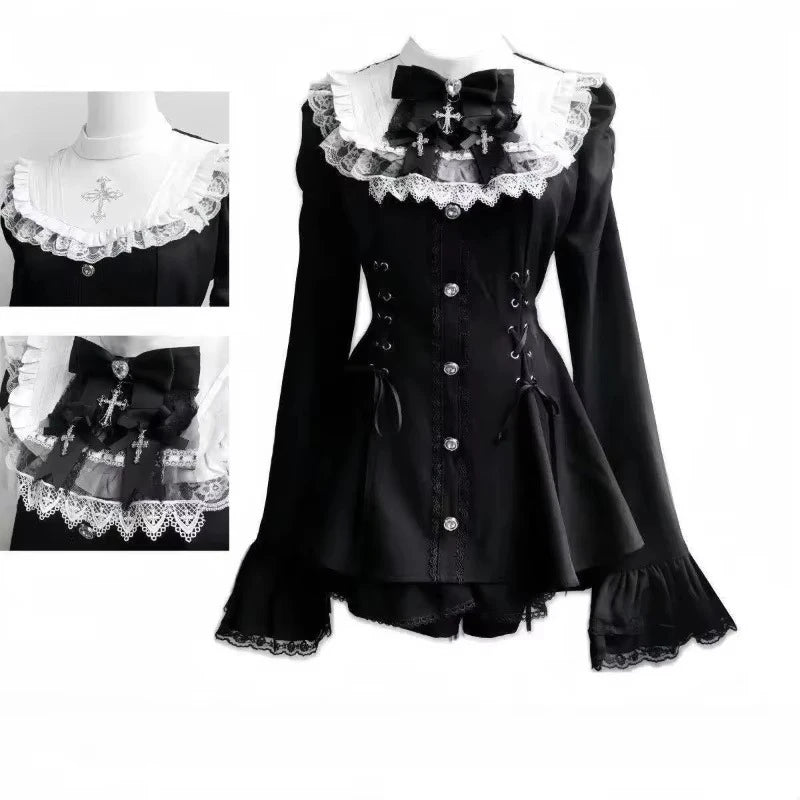 Japanese Gothic Lolita Mini Dress — Harajuku Y2K Bow Lace Ruffle Party Dress