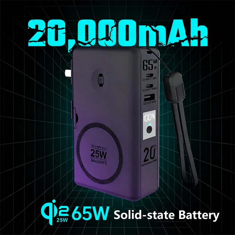 65W GaN 6-in-1 Power Bank with Qi2.2 25W Magnetic Wireless Charging for iPhone, Apple Watch & Laptop
