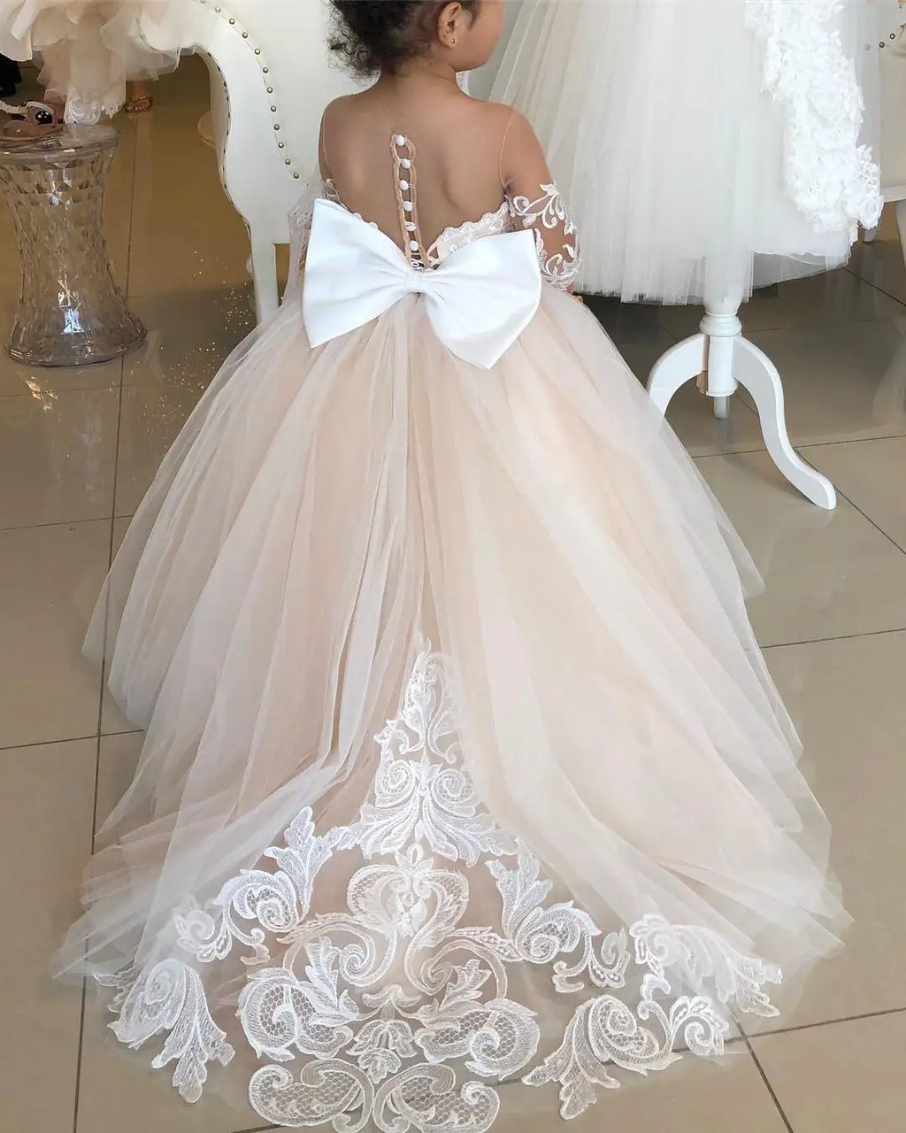 Long Sleeve Flower Girl Dress — White Lace Tulle First Communion & Bridesmaid Dress