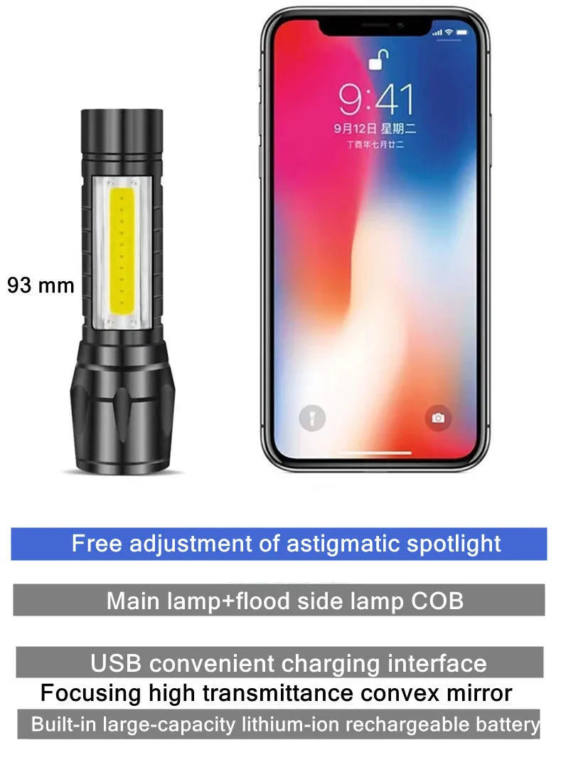 PwwQmm Mini XPE+COB Flashlight – 500 Lumen, Zoomable, 3-Mode, USB Rechargeable, Waterproof Camping Light