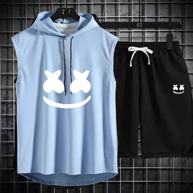 Men's Short Sleeve T-Shirt & Elastic Waist Shorts Casual Sport Set