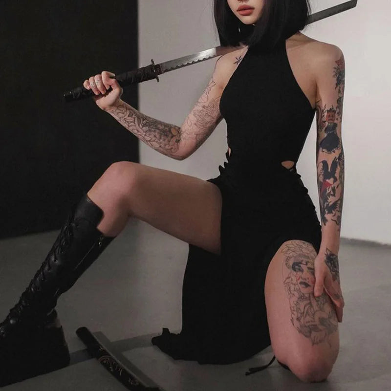 Gothic Halter Bandage Midi Dress — High Split Sexy Alt Partywear