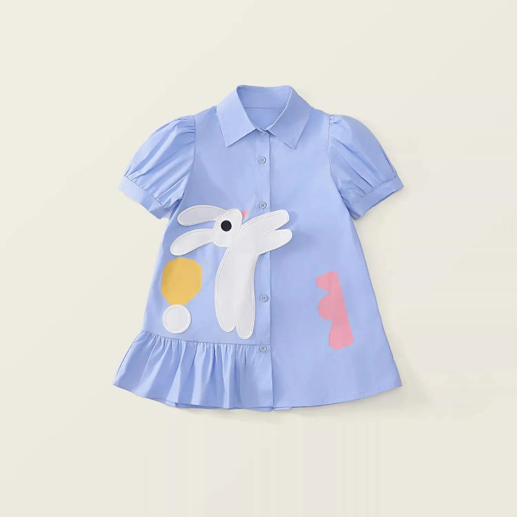Rabbit Cartoon Shirt Dress for Girls — Short Sleeve Blue Casual Dress