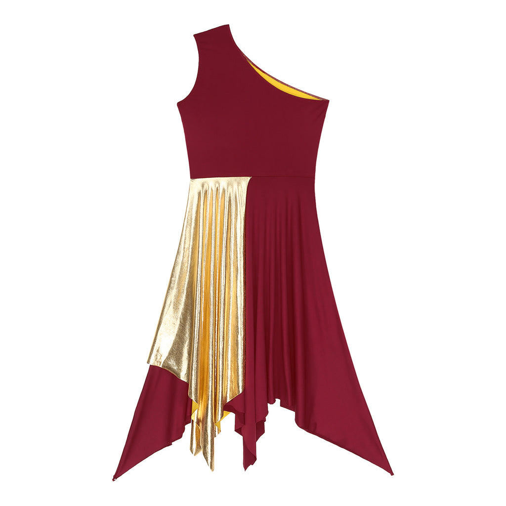 One Shoulder Irregular Hem Dance Performance Dress — Lyrical Worship Dancewear Costume