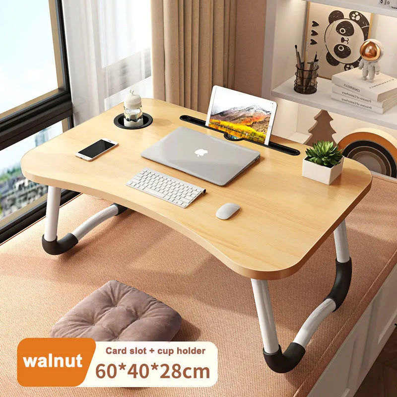 Foldable Laptop Bed Desk — Portable Study Table with Cup Holder, Ergonomic Tilt, Pine Surface