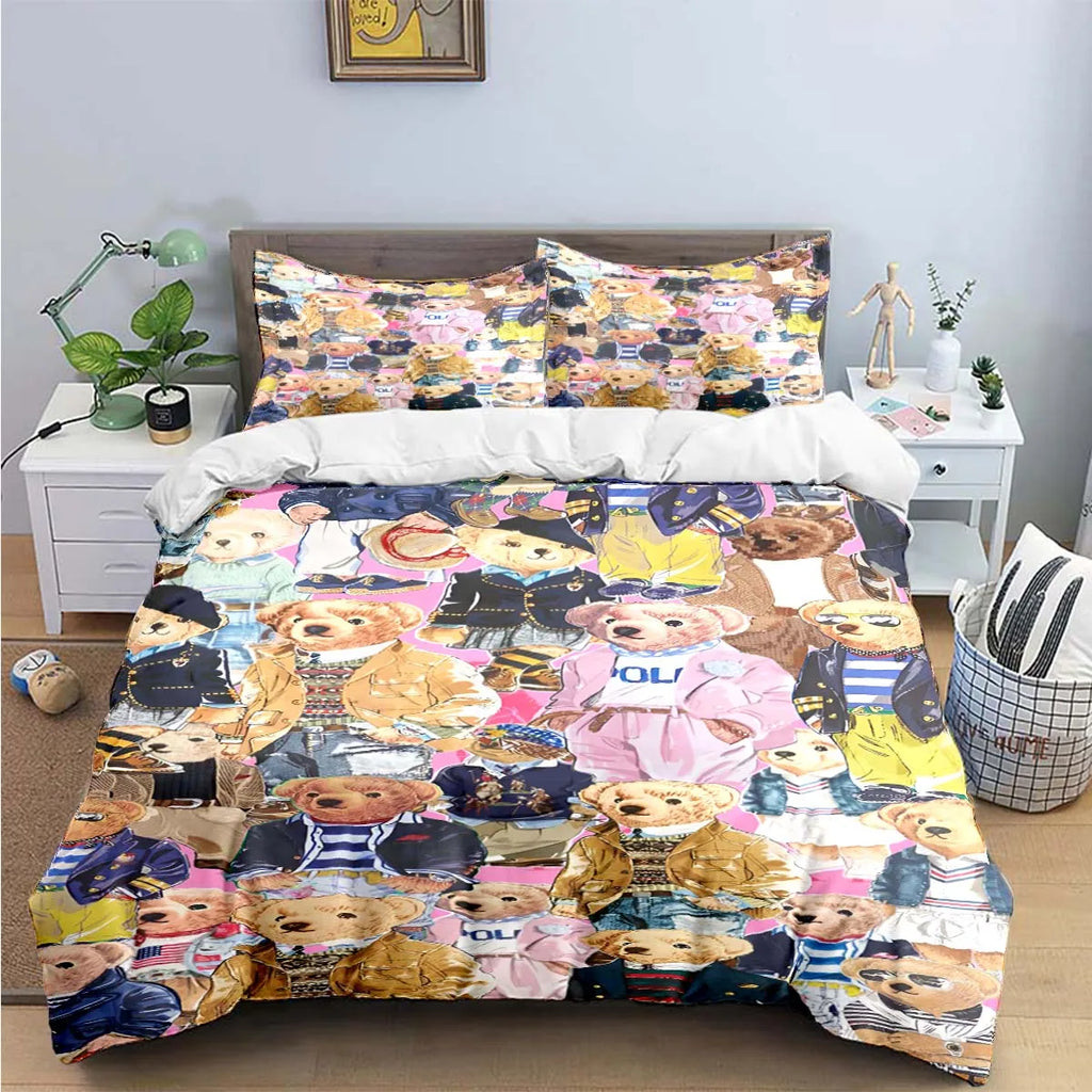Cute Bear Print Bedding Set – Duvet Cover & Bed Linen, Single to King, Adults & Teens