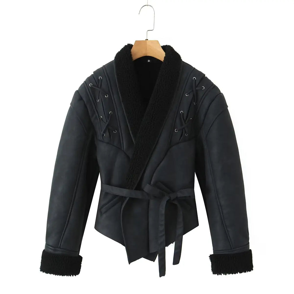 Leather Jackets Women's With Belt Fur Coat Streetwear Fashion Solid Outwear Woman Elegant Jackets Chaqueta De Cuero Para Mujer