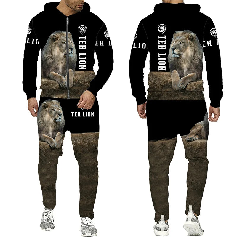 Men's 3D Lion Print Zip-Up Hoodie & Elastic Waist Pants Tracksuit Set