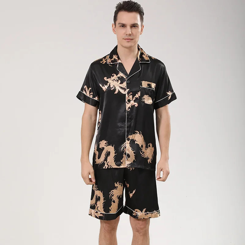 Men's Dragon Print Satin Pajama Set — Lapel Shirt & Shorts