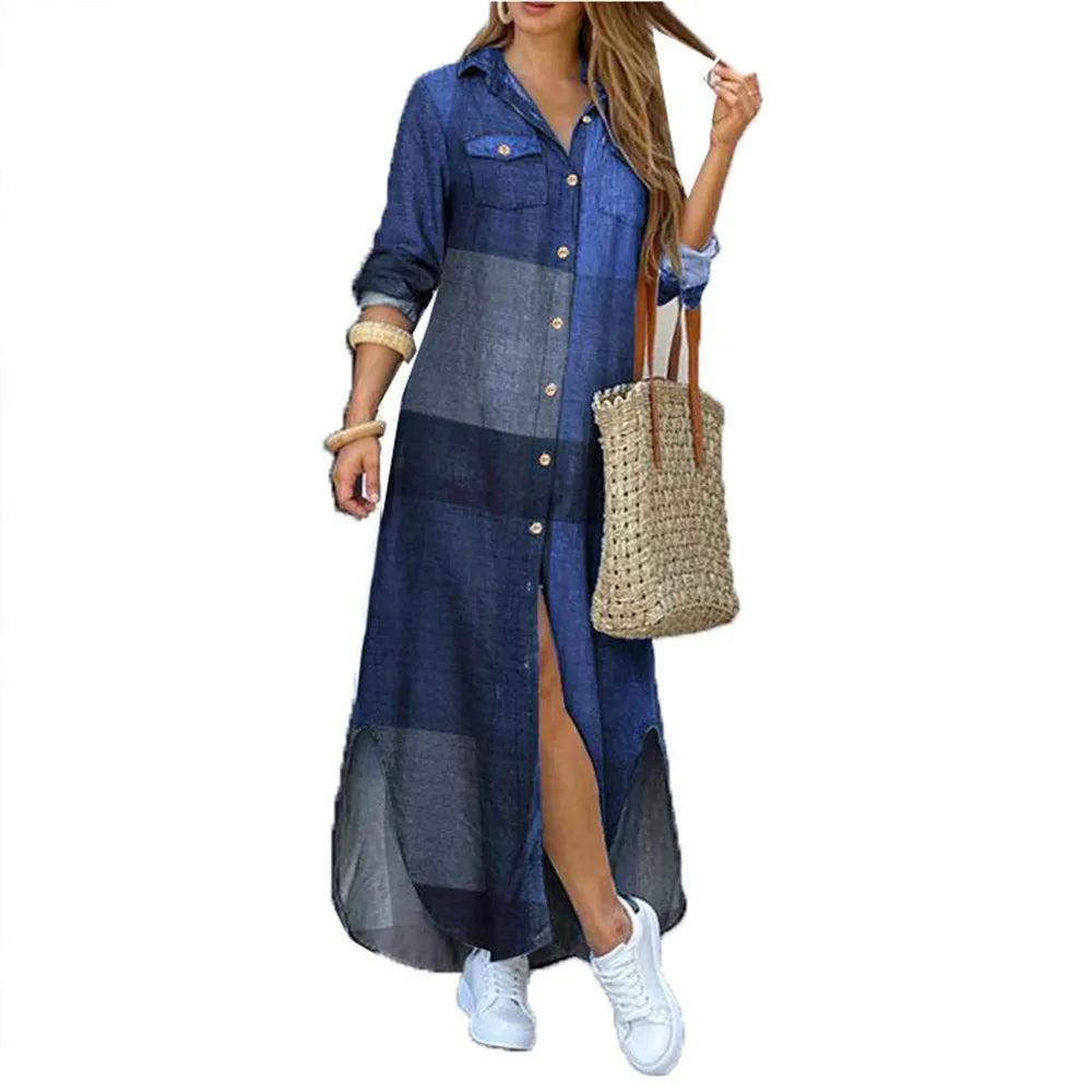 Lapel Literary Print Long Shirt Skirt Dress — Loose Single-Breasted Casual Women's Dress